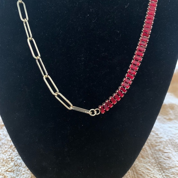 Gold and Red Asymmetrical Necklace with Chain Links - Picture 2 of 5